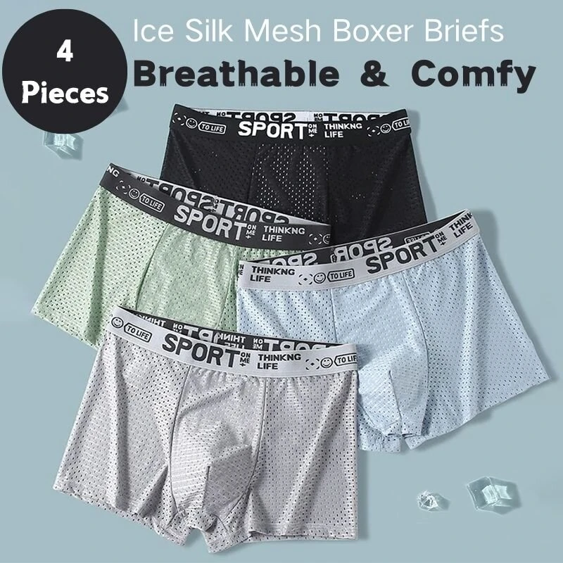 (image for) 4pcs Men's Ice Silk Cool Boxer Briefs, Mesh Breathable Soft Comfy Stretchy Boxer Trunks, Sports Trunks, Multicolor Men's Underwear