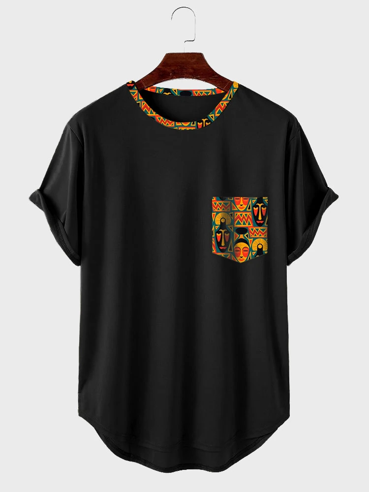 (image for) ChArmkpR Mens Ethnic Figure Face Print Patchwork Curved Hem Short Sleeve T-Shirts