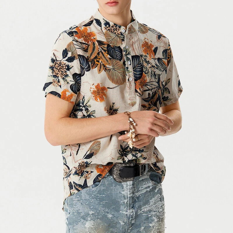 (image for) INCERUN Mens Shirts Hawaiian Short Sleeve Shirts Summer Holiday Beach Men Shirt Tropical Leaves Print Henley Shirts