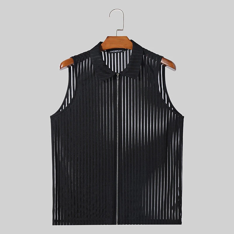 (image for) INCERUN Mens Striped See Through Lapel Collar Vest Comfortable Black Zipper Sleeveless Tank Top for Male