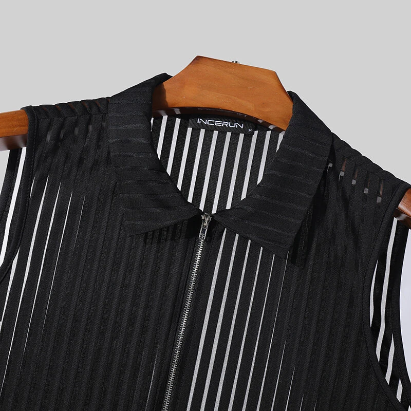 (image for) INCERUN Mens Striped See Through Lapel Collar Vest Comfortable Black Zipper Sleeveless Tank Top for Male