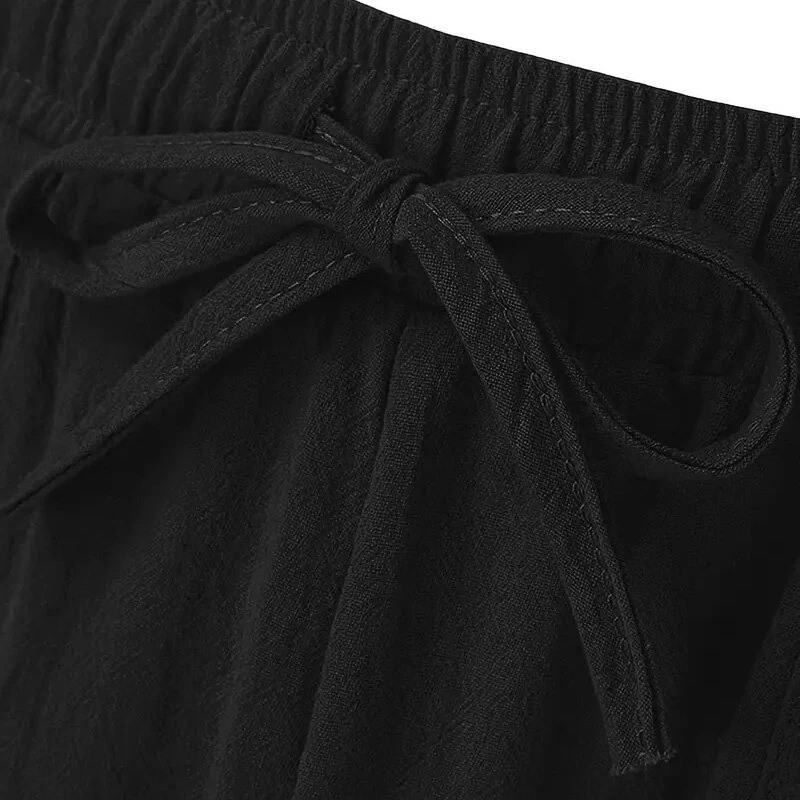 (image for) Men's Summer Cotton Linen Shorts Breathable Solid Black Drawstring Plus Size Beach Shorts Lightweight Casual Short Pants for Men Comfortable