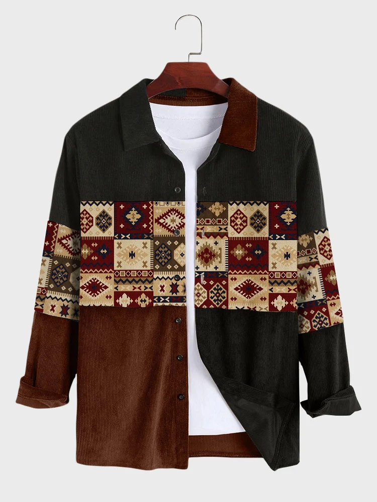 Mens Vintage Argyle Pattern Patchwork Ethnic Corduroy Long Sleeve Shirts (image for) Mens Vintage Argyle Pattern Patchwork Ethnic Corduroy Long Sleeve Shirts